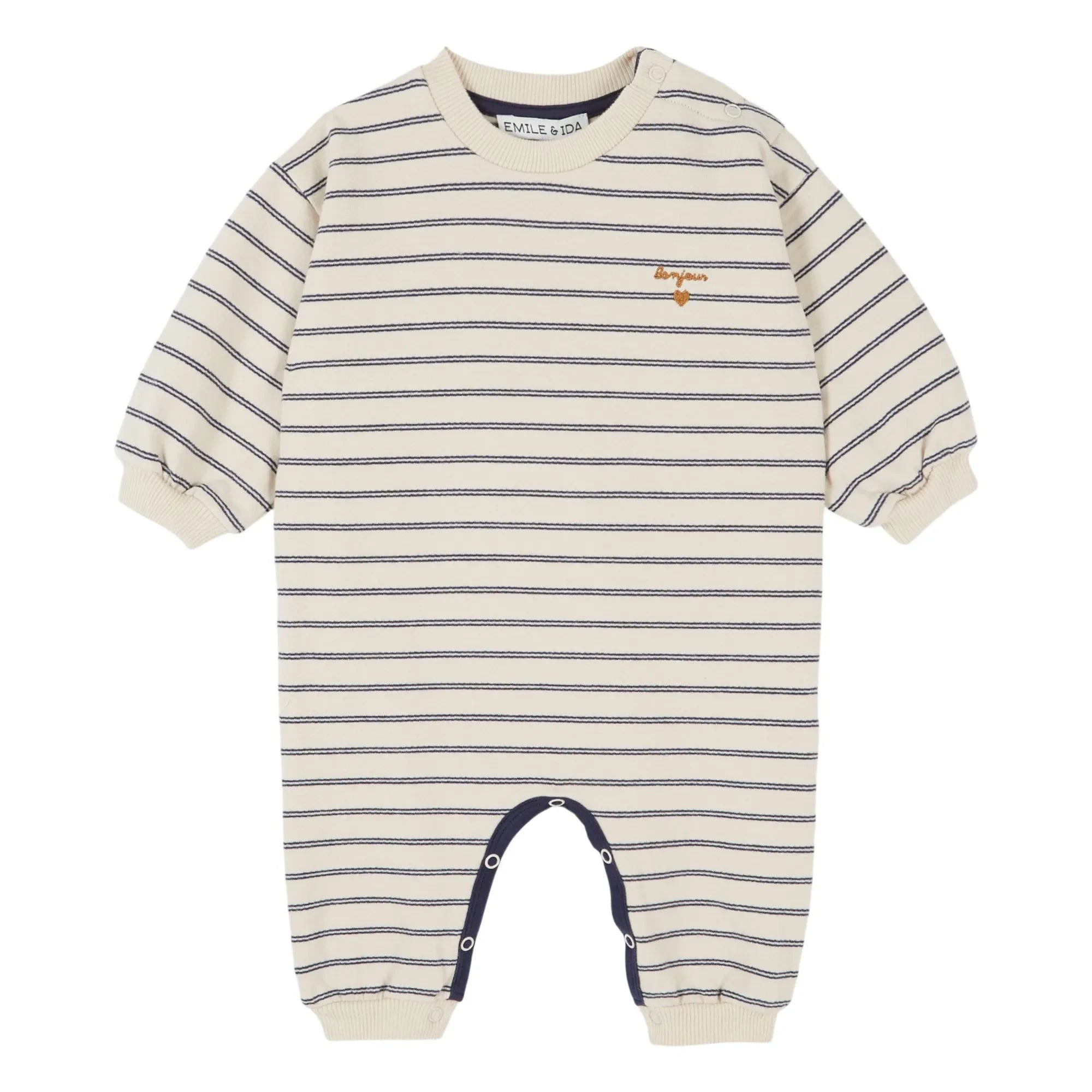 Emile et Ida - Striped organic cotton fleece romper | Ecru