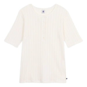Petit Bateau – Pointelle T-Shirt mit Tuniskragen | Ecru
