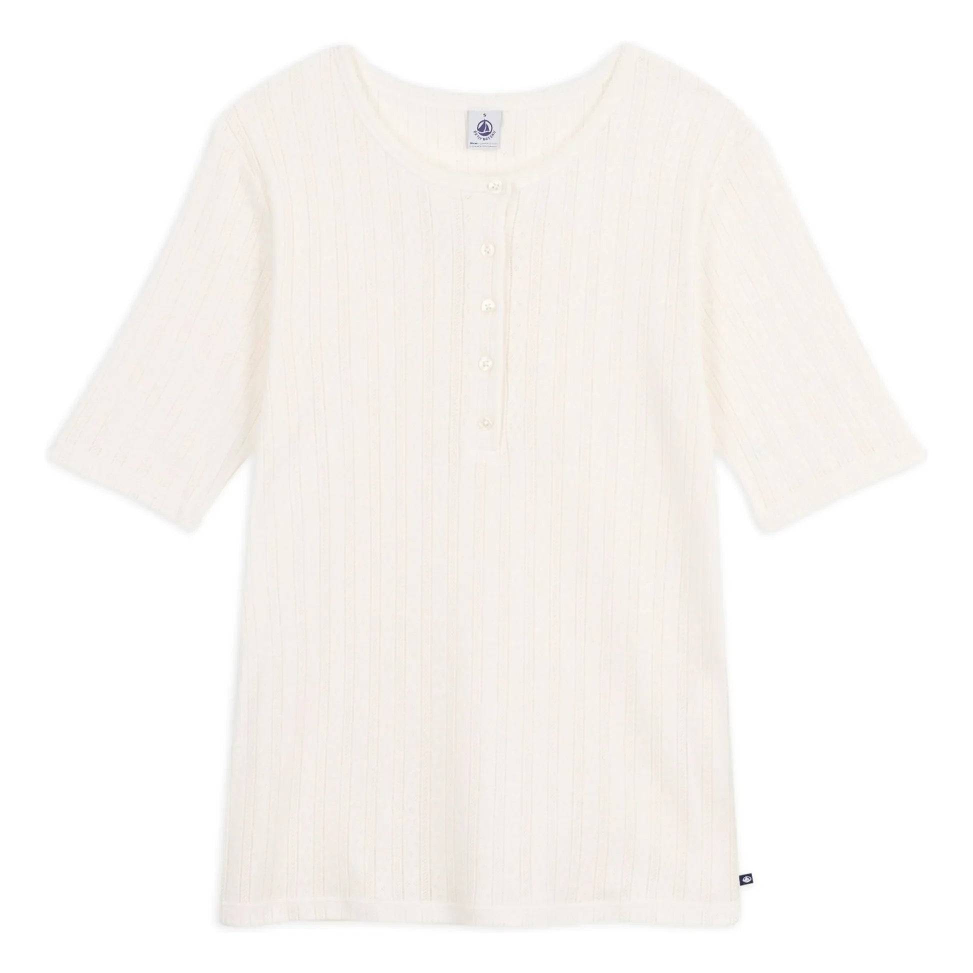 Petit Bateau – Pointelle T-Shirt mit Tuniskragen | Ecru
