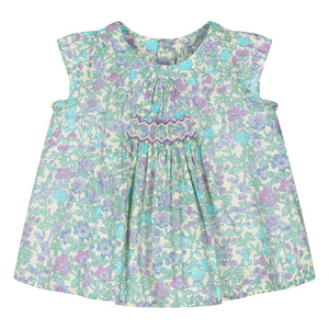 Bonpoint - Pais Liberty Coton Bio Büzgülü Elbise | Yeşil su
