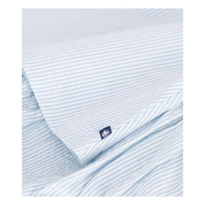 Petit Bateau – Gestreiftes Seersucker-Set mit Kragenkleid und Bloomer aus Bio-Baumwolle | Blau