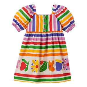 Fabula - Gestreiftes Blumenmuster Kleid mit Ballonärmeln | Gelb