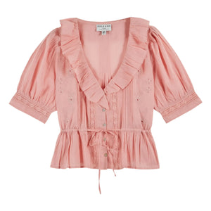Emile et Ida - Embroidered Cotton Ruffled Blouse | Pink