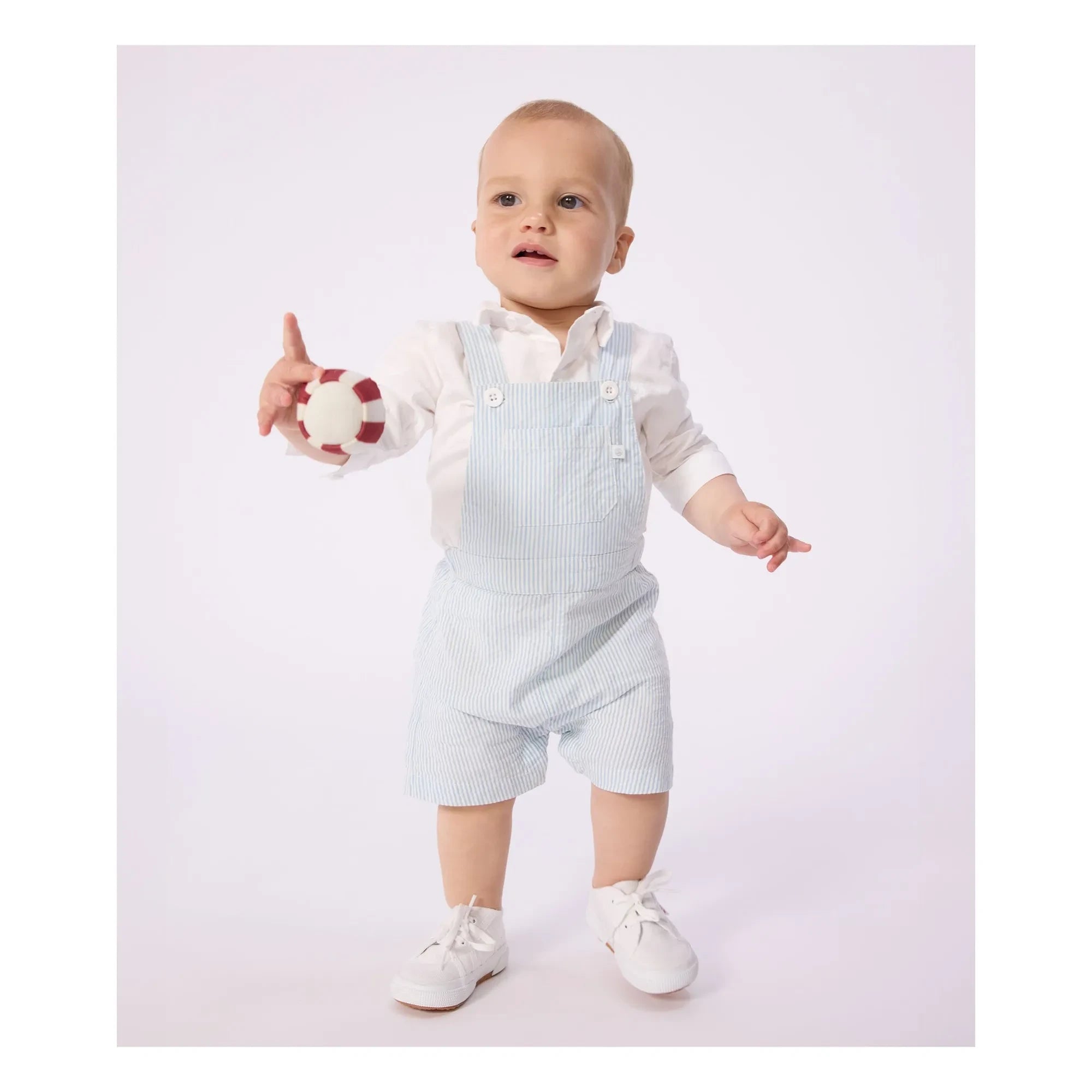 Petit Bateau - Çizgili Seersucker Organik Pamuklu Kısa Salopet | Açık Mavi