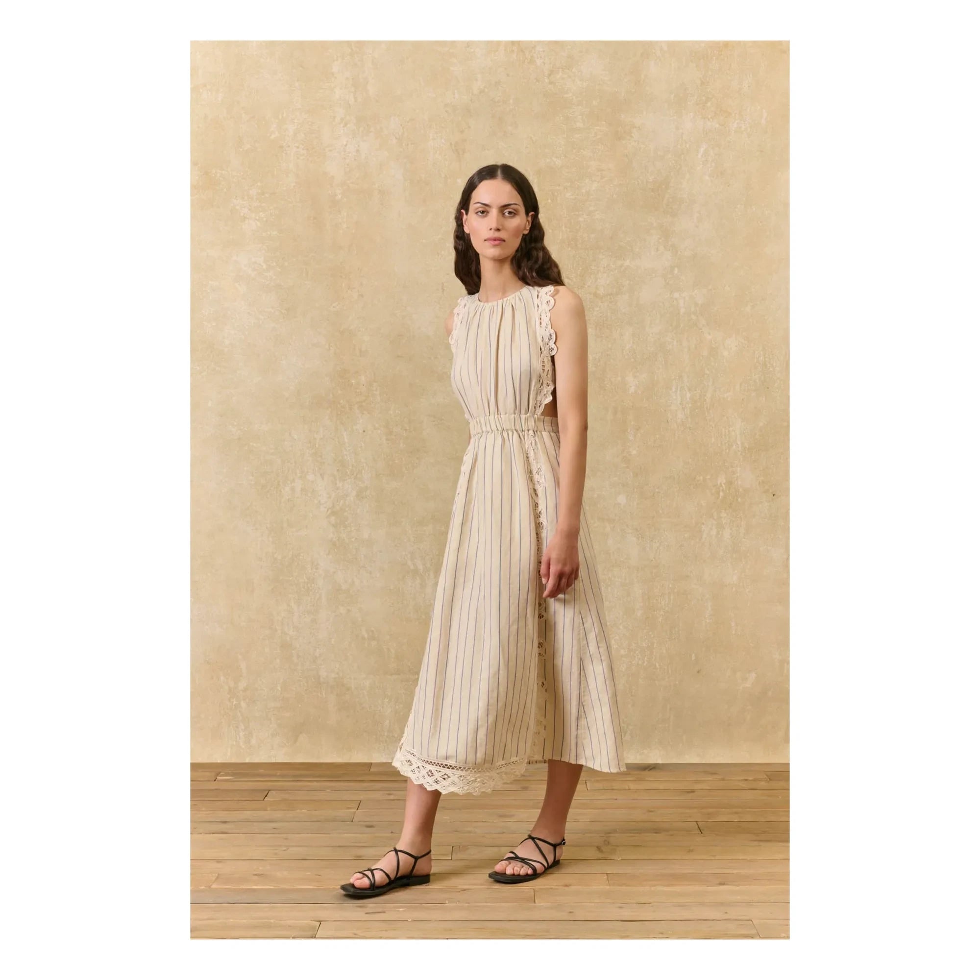 Louise Misha - Ariane Gestreiftes Leinen- und Baumwollkleid | Creme