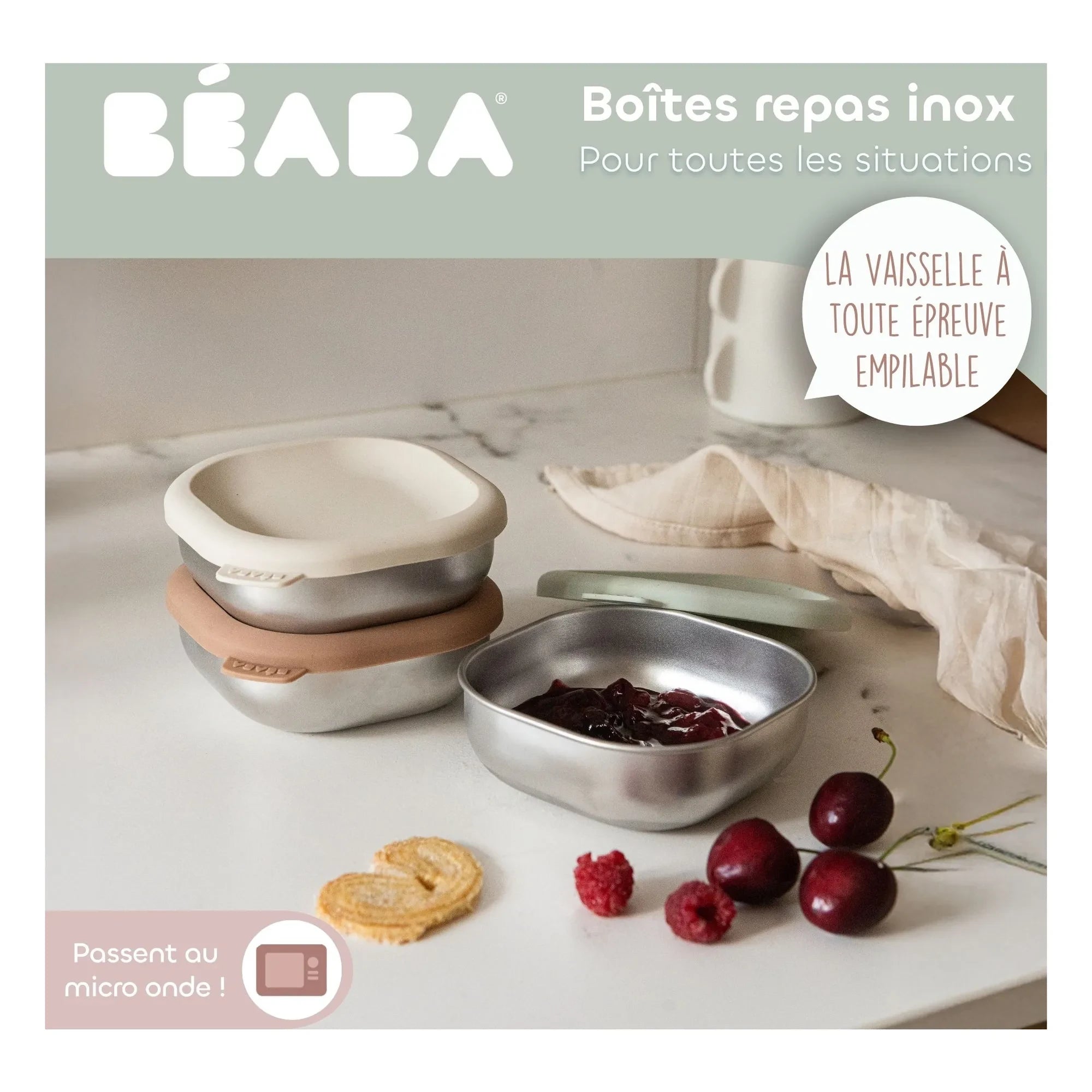 Béaba - Paslanmaz çelik yalıtımlı öğle yemeği kutuları - 3'lü set | Adaçayı