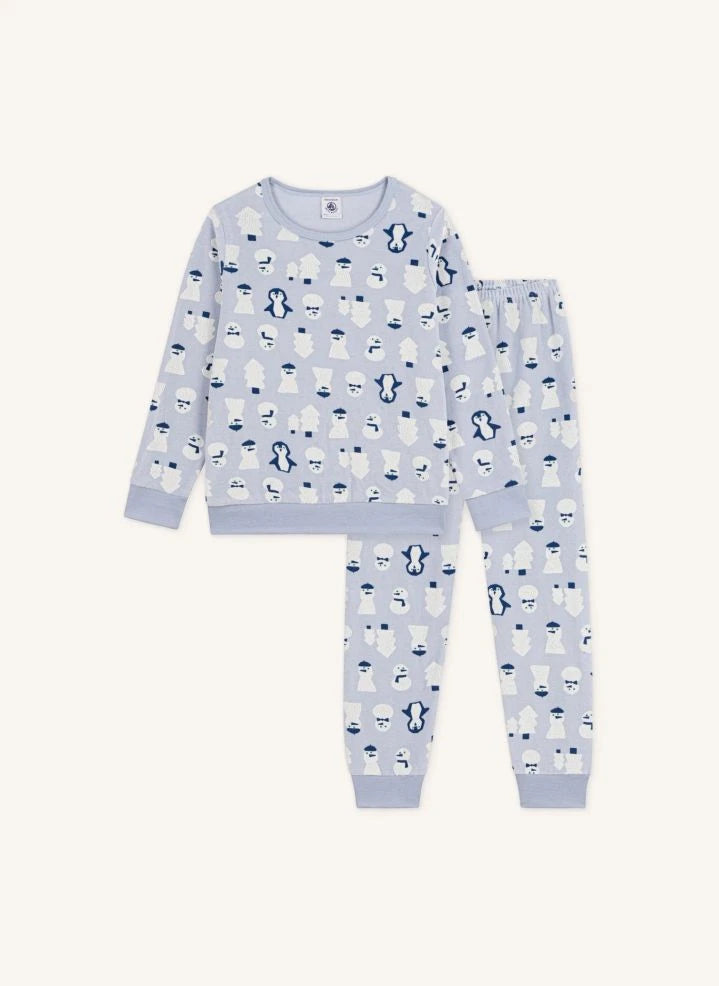 Petit Bateau - Kadife Organik Pamuk Kar Adamlı Pijama | Gri mavi