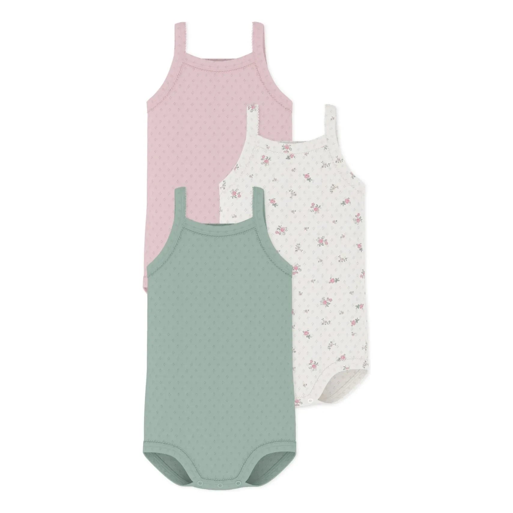 Petit Bateau - 3'lü Çiçek Desenli Organik Pamuklu Ajurlu Askısız Body Seti | Pembe