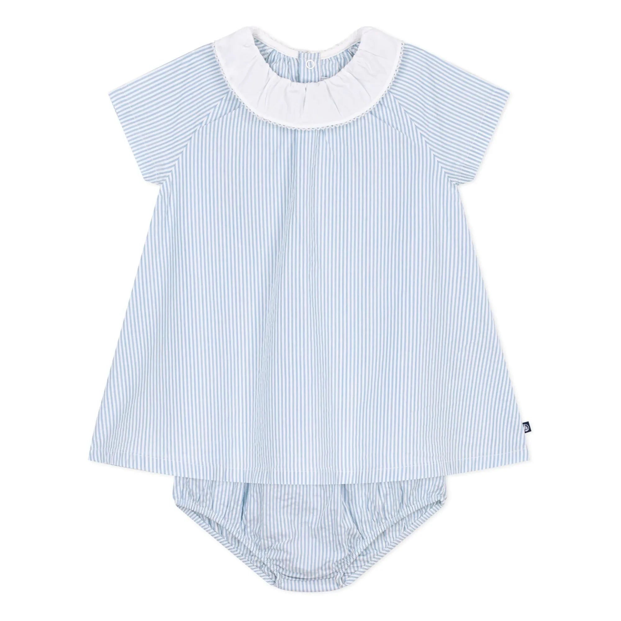 Petit Bateau – Gestreiftes Seersucker-Set mit Kragenkleid und Bloomer aus Bio-Baumwolle | Blau