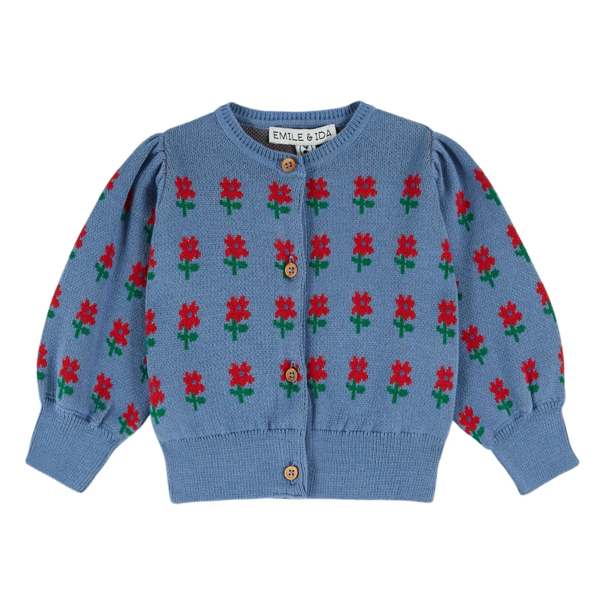 Emile et Ida - Organic Cotton Floral Pattern Cardigan | Blue