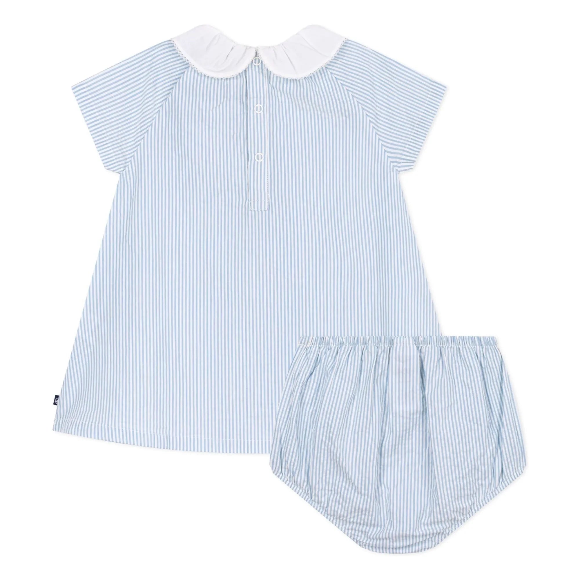 Petit Bateau – Gestreiftes Seersucker-Set mit Kragenkleid und Bloomer aus Bio-Baumwolle | Blau