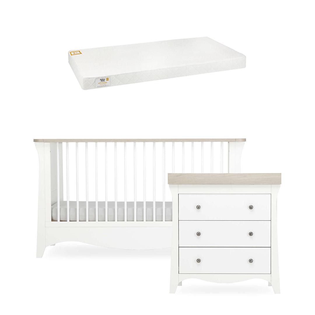 CuddleCo Clara 2 Piece Set 3-Drawer Dresser + Cot Bed - White/Ash-Nursery Sets-White/Ash-White Gold Anti Allergy Pocket Sprung Cot Bed Mattress | Natural Baby Shower