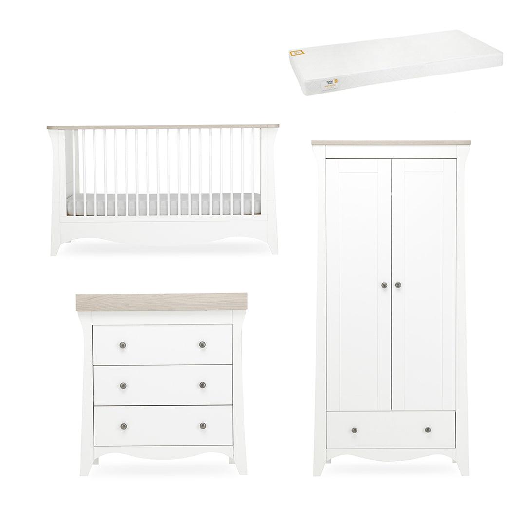 CuddleCo Clara 3 Piece Set 3-Drawer Dresser Cot Bed + Wardrobe - White/Ash-Nursery Sets-White/Ash-Pure Gold Anti Allergy Coir Pocket Sprung Cot Bed Mattress | Natural Baby Shower