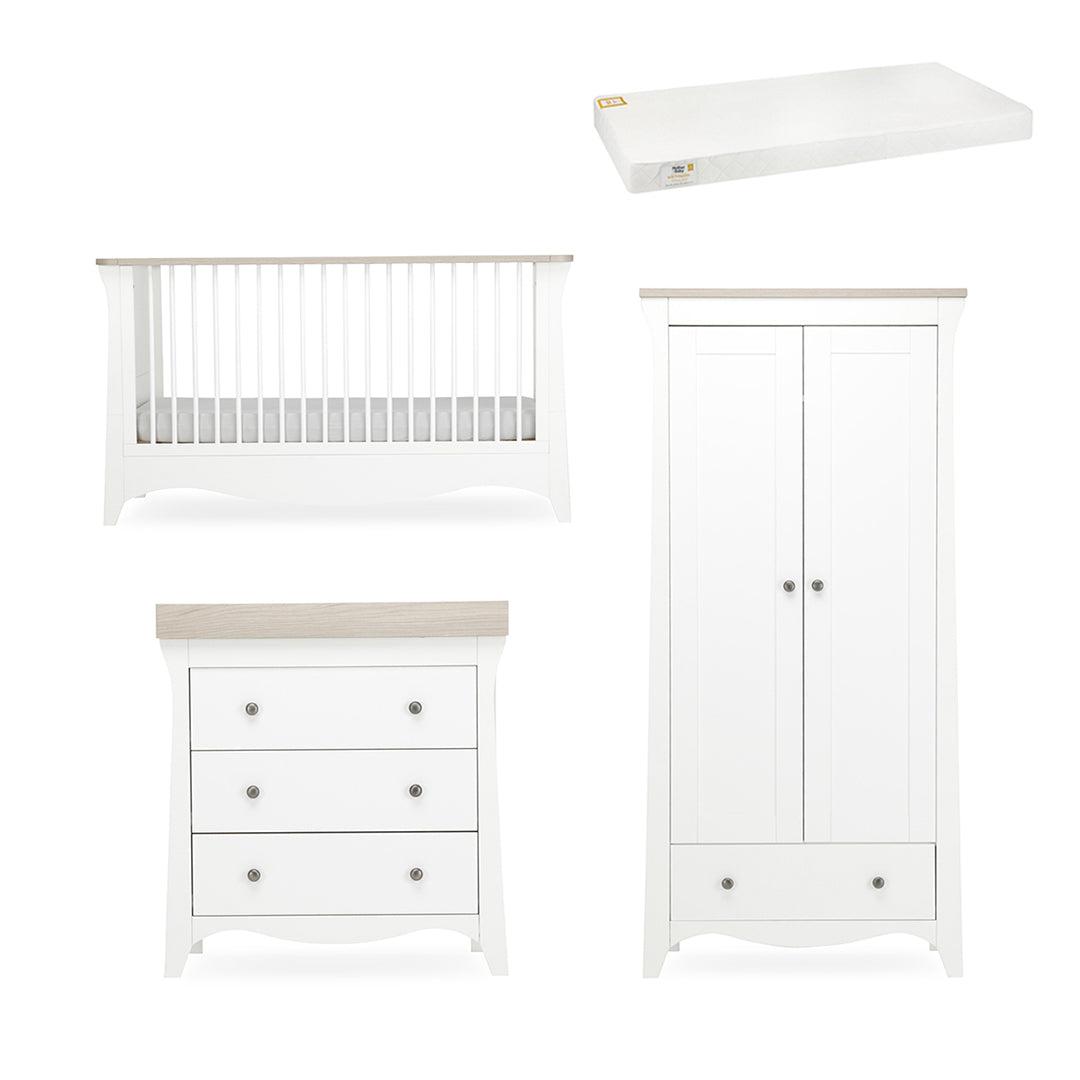 CuddleCo Clara 3 Piece Set 3-Drawer Dresser Cot Bed + Wardrobe - White/Ash-Nursery Sets-White/Ash-White Gold Anti Allergy Pocket Sprung Cot Bed Mattress | Natural Baby Shower