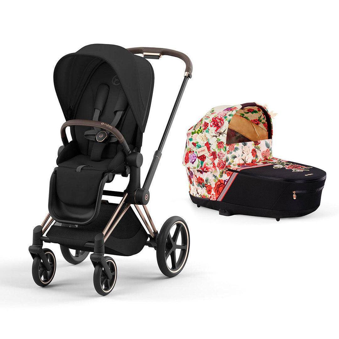 CYBEX Priam Pushchair & Carrycot Bundle - Black/Spring Blossom-Stroller Bundles-Rose Gold- | Natural Baby Shower