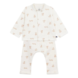 Petit Bateau - Organik Pamuk Tubique Ayıcık Yelek ve Pantolon Body Seti | Beyaz