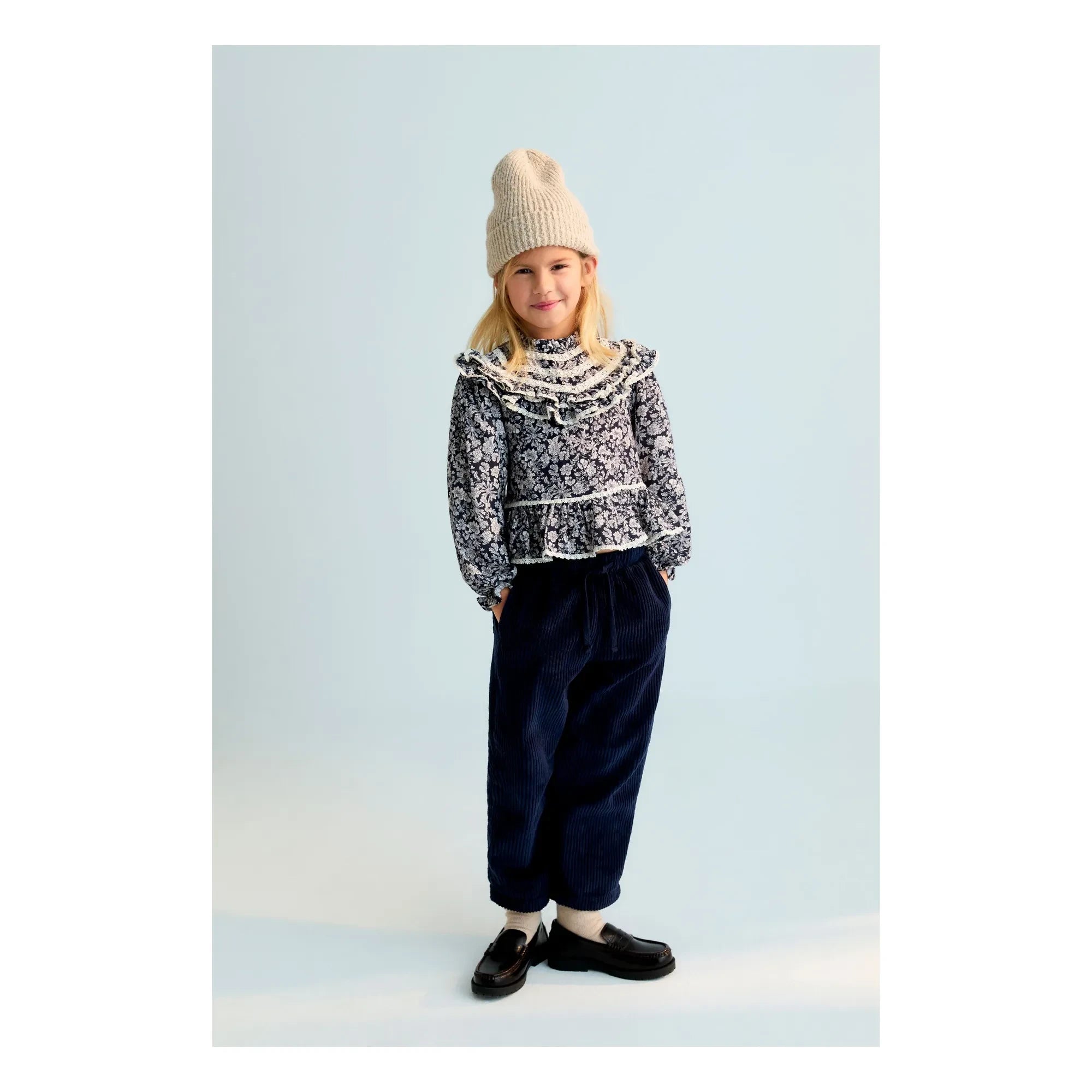 the new society - Lilith Double Cotton Muslin Floral Blouse | Navy Blue