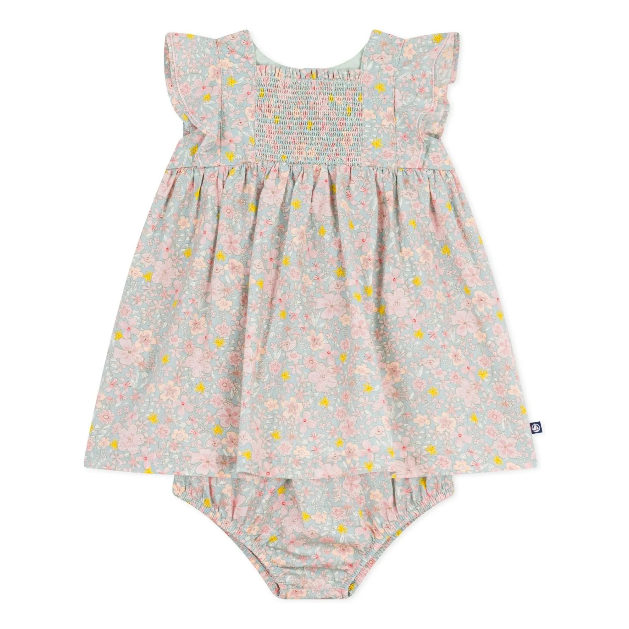 Petit Bateau - Set aus Kleid mit Blumenmuster und Bloomer aus Bio-Baumwolle | Graublau