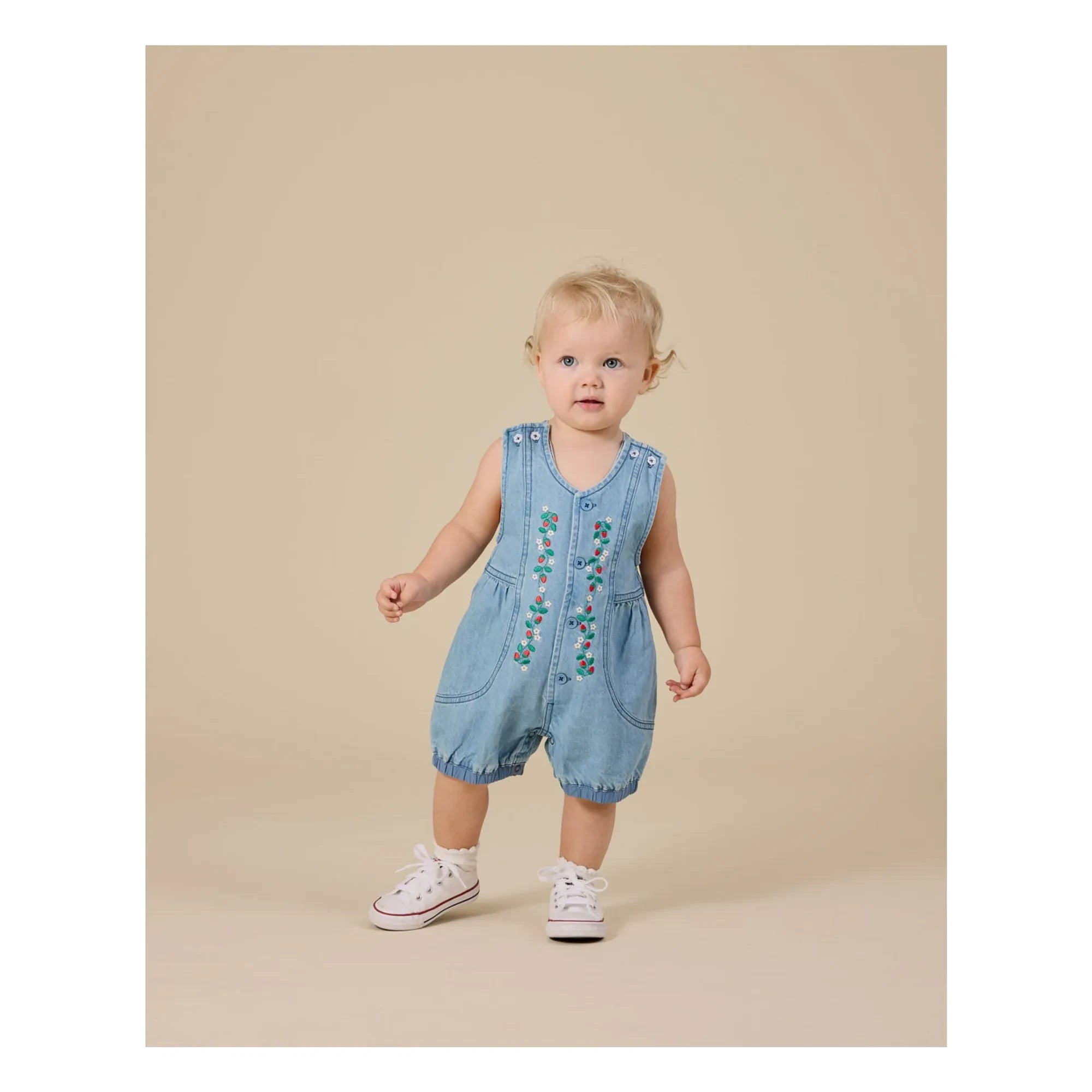 Goldie + Ace - Çilekli Kısa Tulum Chambray | Mavi