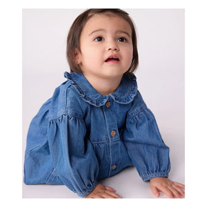 Petit Bateau - Organik Pamuklu Denim Yakalı Elbise | Denim mavi