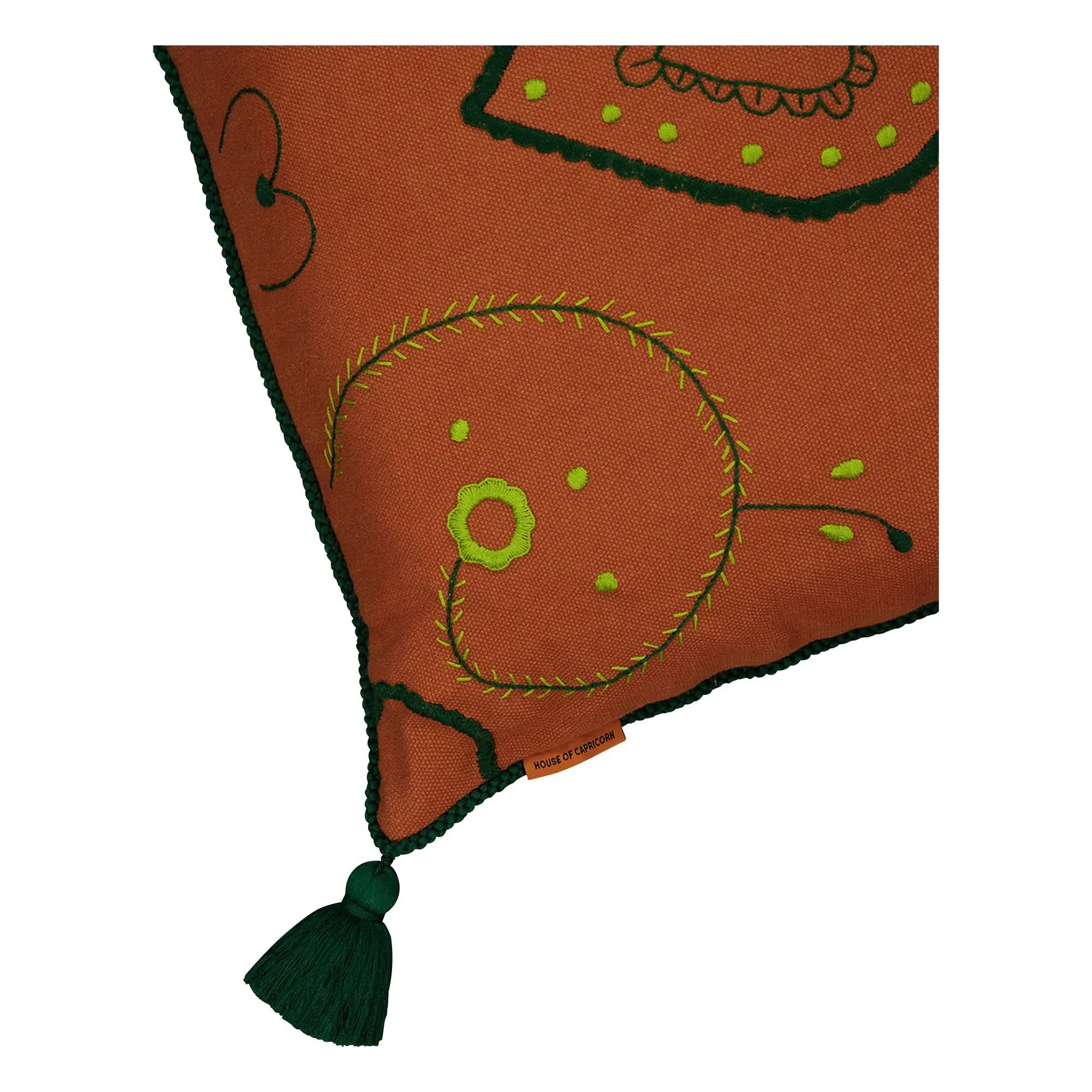 House of Capricorn - Viana Pom-Pom Embroidered Linen Pillow | Brick Red