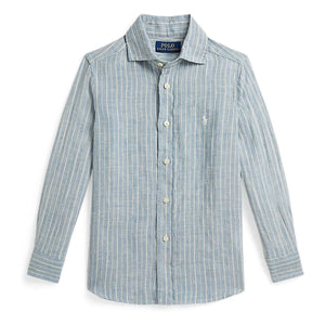 Ralph Lauren – Gestreiftes Hemd aus Leinen mit Sport-Logo | Blau