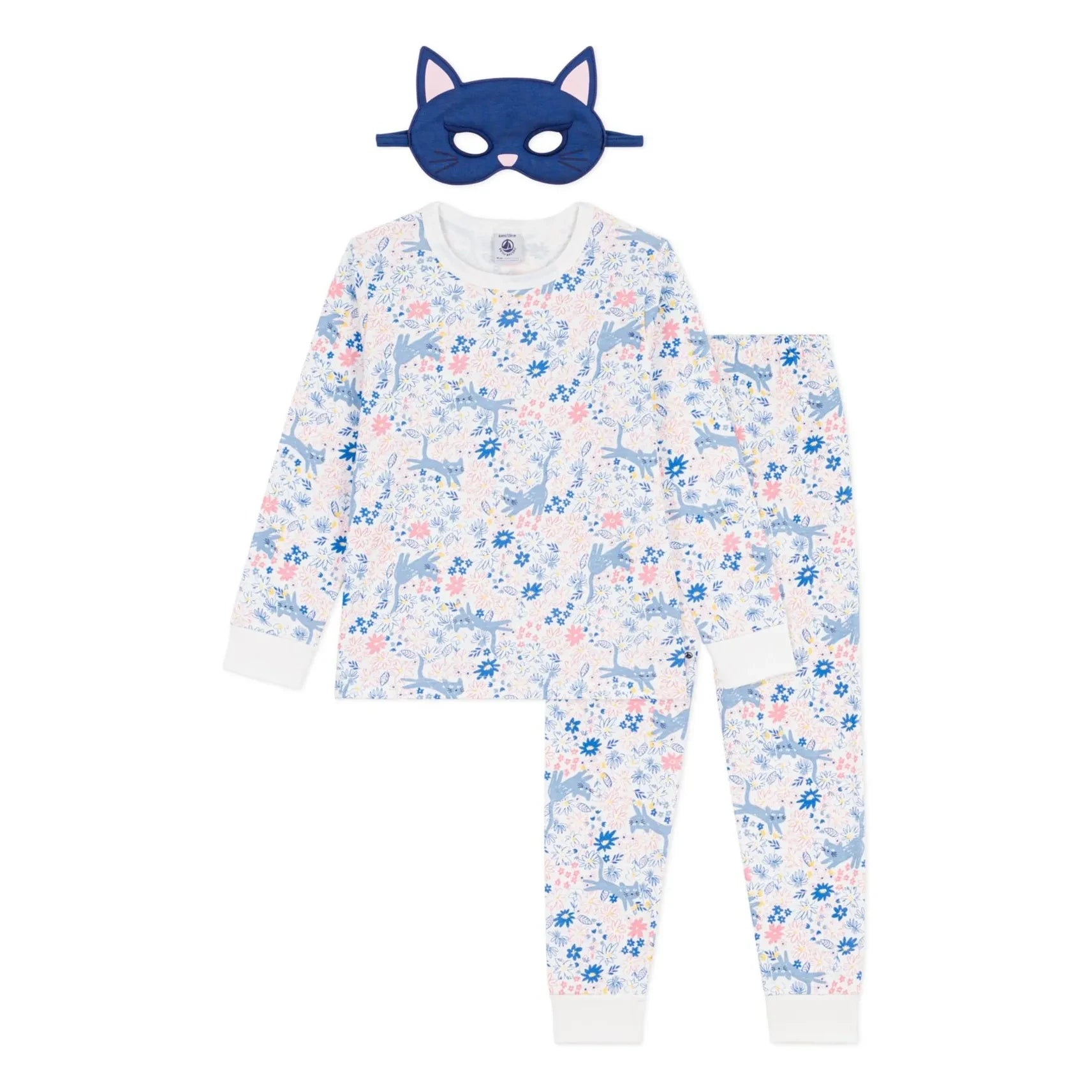 Petit Bateau - Organik pamuklu kedi maskeli ve çiçek desenli pijama takımı | Beyaz
