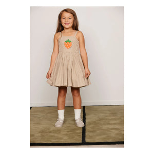 Mini Rodini - Çizgili Poplin Organik Pamuklu Büzgülü Elbise | Kahverengi