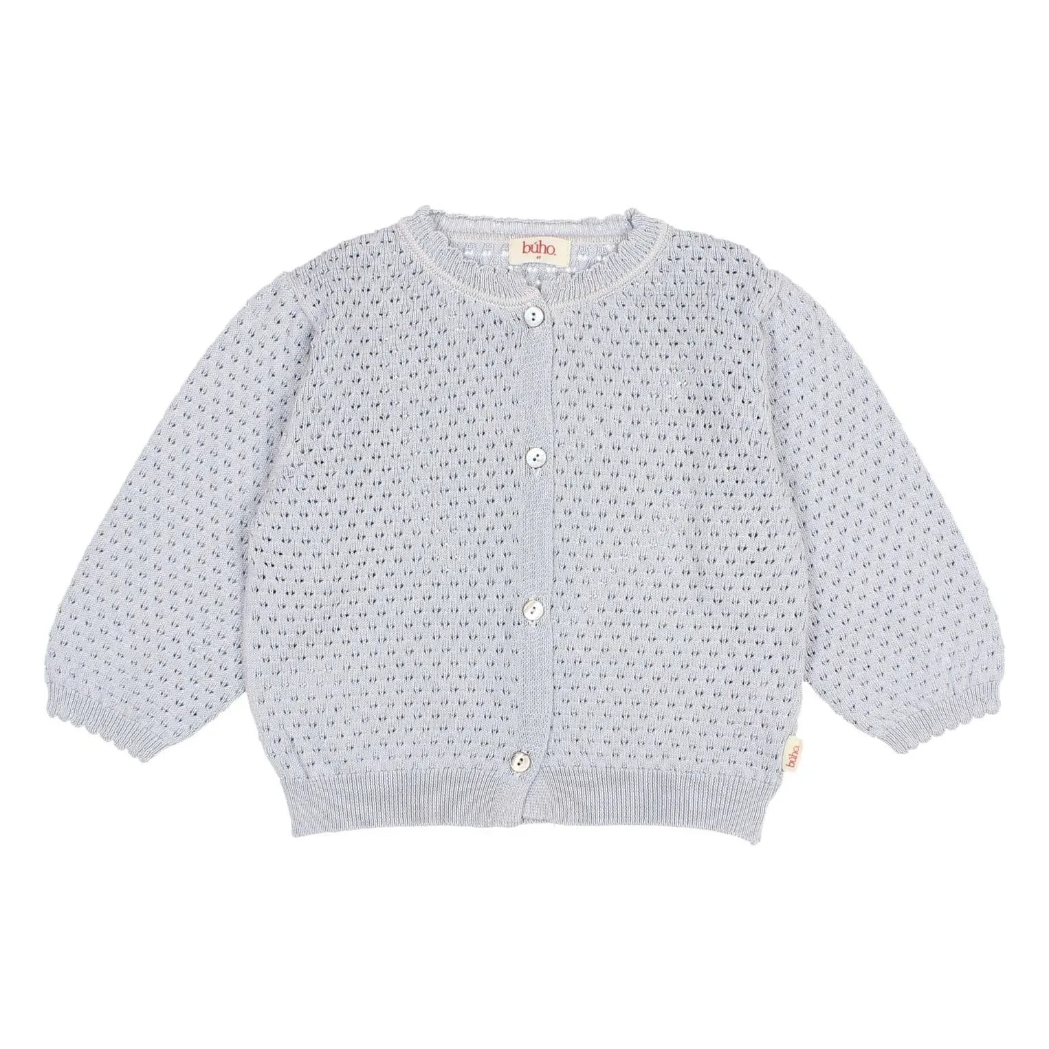 Búho - 3/4 Sleeve Openwork Organic Cotton Cardigan | Light Blue