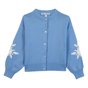 Tartine et Chocolat - Embroidered Flower Cardigan | Azure Blue