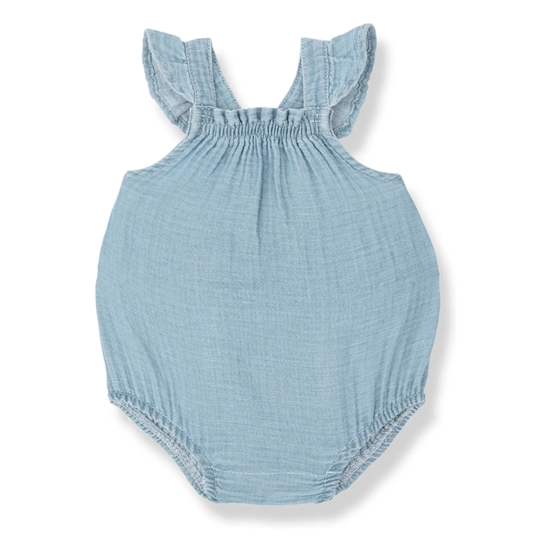 1+ in the family - Yanina Denim Strampler mit Rüschen | Hellblau