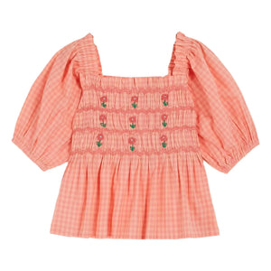 Emile et Ida - Bestickte karierte geraffte Bluse | Peach