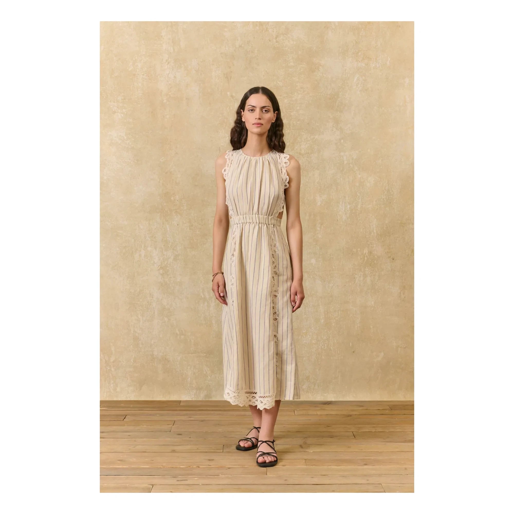 Louise Misha - Ariane Gestreiftes Leinen- und Baumwollkleid | Creme