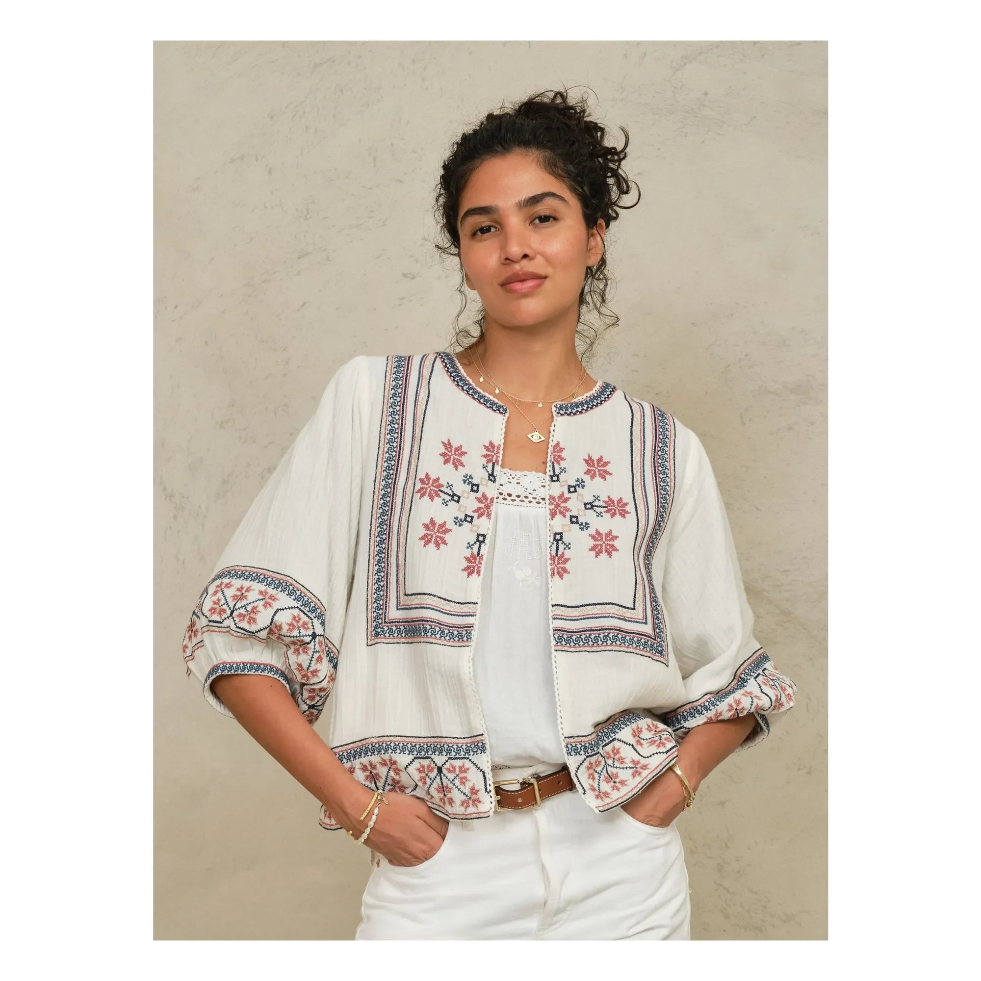 M.A.B.E. - Calista Cotton Embroidered Jacket | Ecru