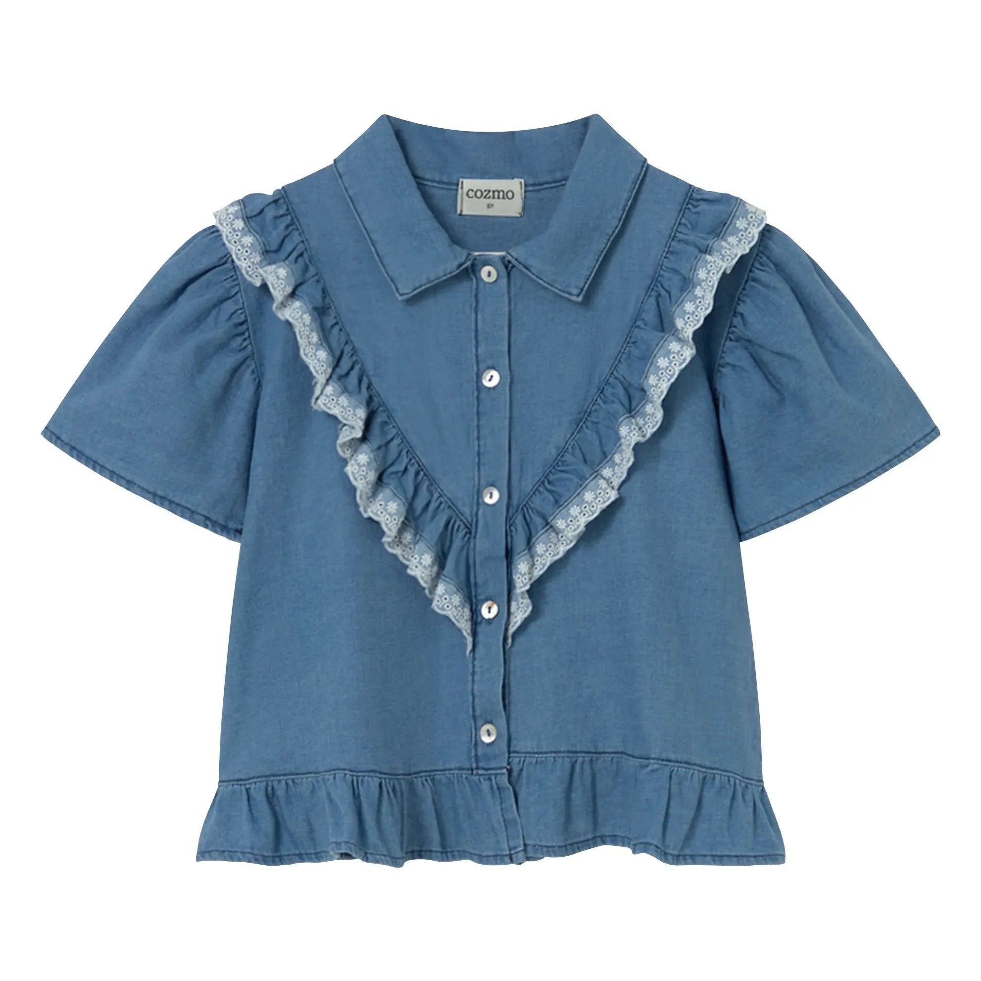 Cozmo - Hazel Denim Volanlı Bluz | Mavi