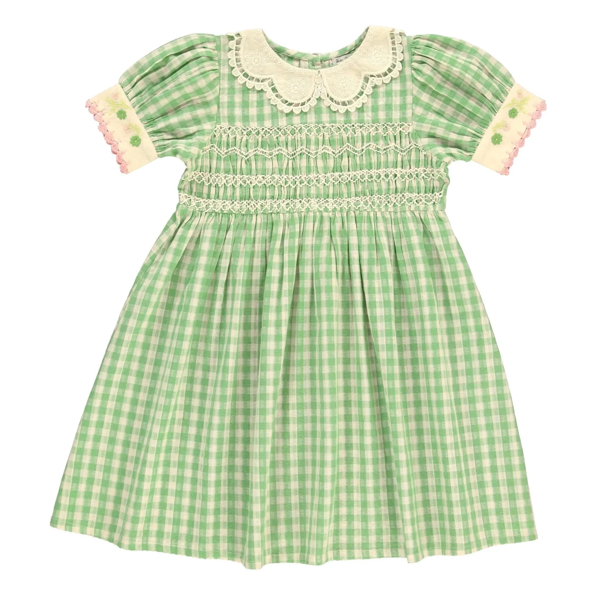 Bebe Organic - Tilia Kareler Smock Elbise | Soluk yeşil