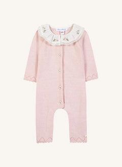 Tartine et Chocolat - Knitted romper with floral-embroidered collar | Pink