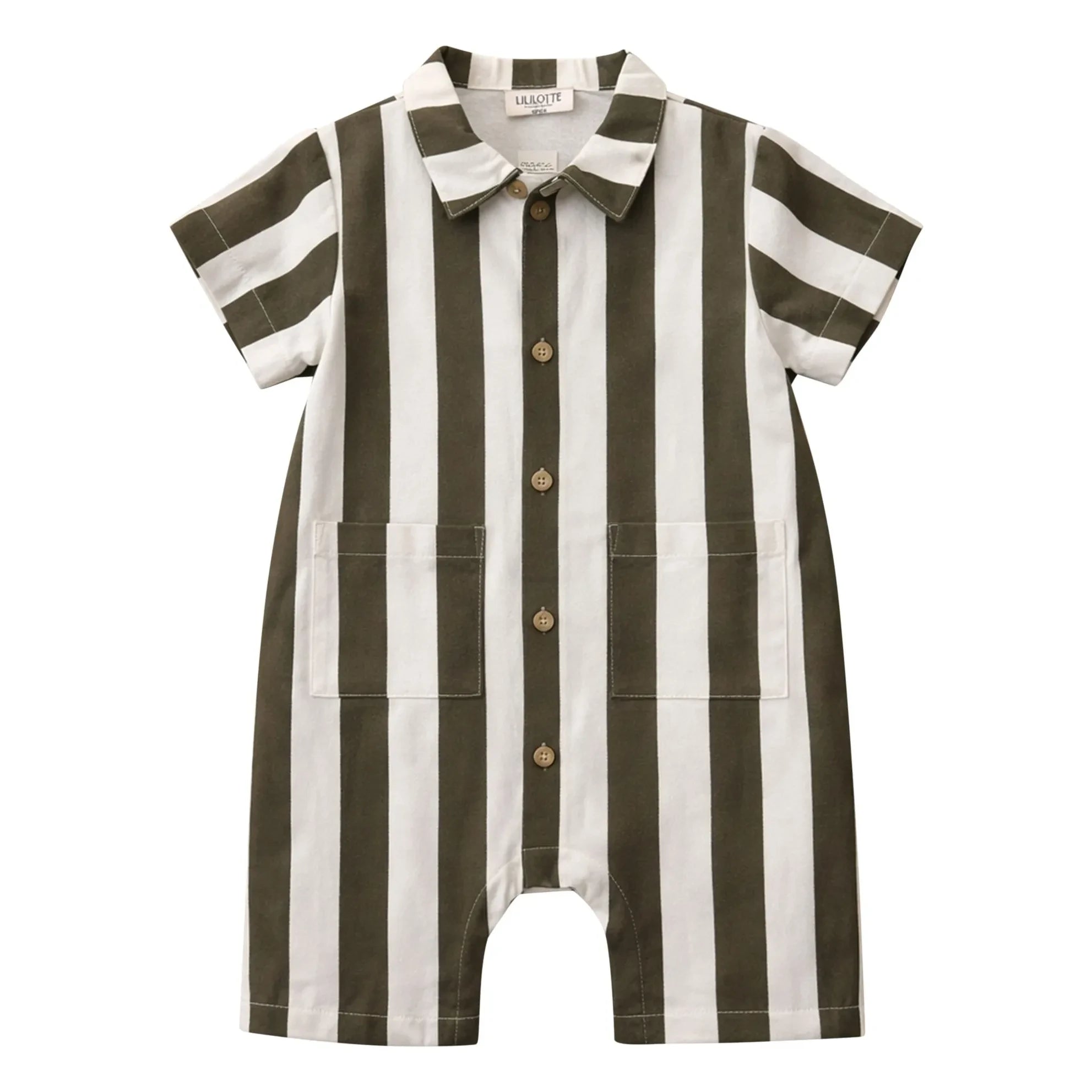 Lililotte - Charly Gestreifter Gabardine Bio-Baumwoll-Strampler | Olive