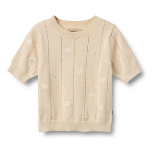Wheat - Malvina Organic Cotton Floral Short Sleeve Sweater | Ecru