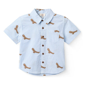 Copenhagen Colors - Striped Seersucker Organic Cotton Shirt with Eagle Embroidery | Light Blue
