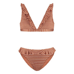 Beachlife - 2-Piece Striped Ruffled Recycled Fabric Swimsuit | Caramel