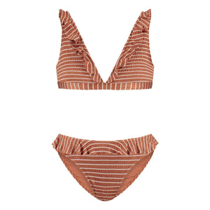 Beachlife - 2-Piece Striped Ruffled Recycled Fabric Swimsuit | Caramel