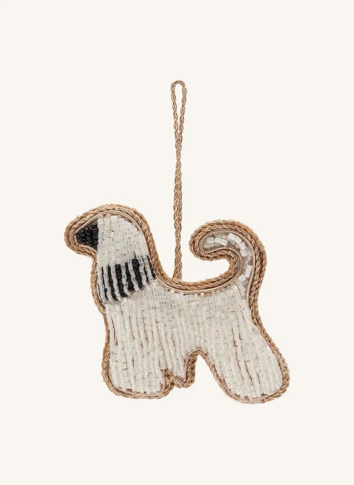 Anna + Nina - Showy Beaded Dog Christmas Ornament | White