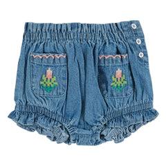 Emile et Ida - Çiçek İşlemeli Cepli Denim Bloomer | Mavi