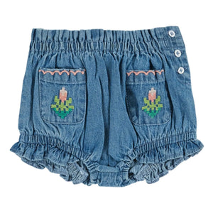 Emile et Ida - Çiçek İşlemeli Cepli Denim Bloomer | Mavi
