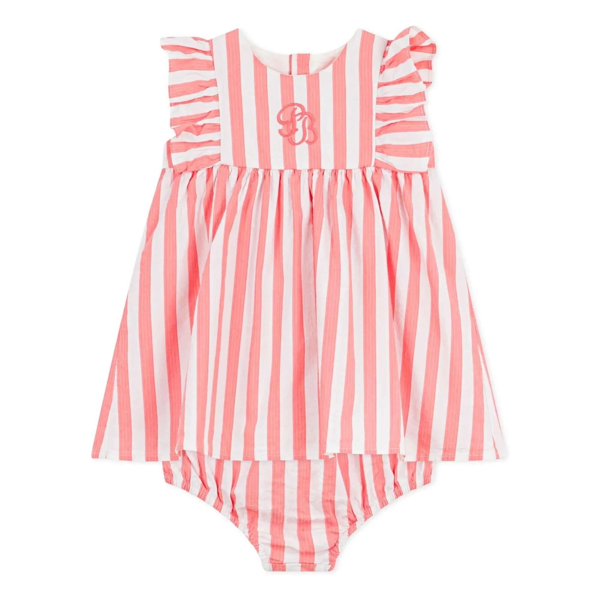Petit Bateau - Çizgili Seersucker Organik Pamuk Elbise ve Bloomer Seti | Mercan
