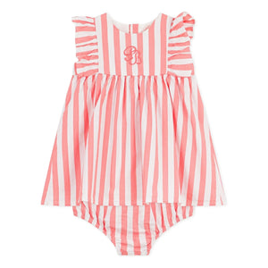 Petit Bateau - Çizgili Seersucker Organik Pamuk Elbise ve Bloomer Seti | Mercan