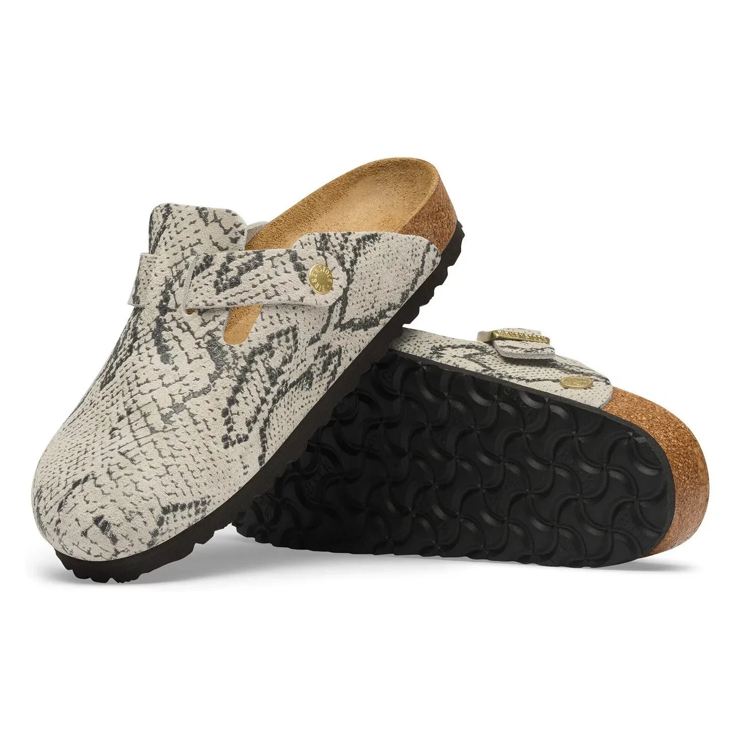 BIRKENSTOCK - قبقاب Boston Rivet بنقشة جلد الأفعى | رمادي فاتح