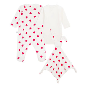 Petit Bateau - 3 Piece Pajama Jumpsuit & Cute Hearts Gift Set | White