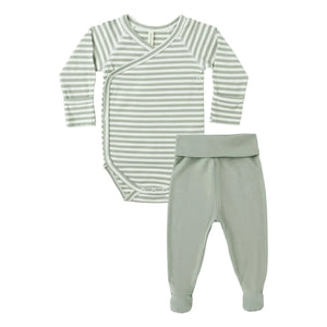 Quincy Mae - Organic Cotton Striped Bodysuit and Tights Set | Celadon